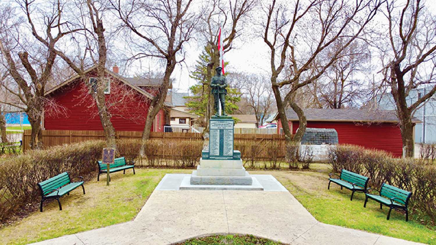 While some communities erected marble statues to commemorate the war dead, and others went with a simple granite cenotaph without a statue, Moosomin is one of the handful of places in Canada where a bronze statue was erected to honor those who died in the Great War, a much more expensive project. The bronze statue of a Canadian soldier was designed for Moosomin by well-known Italian sculptor Sergio Vatteroni.